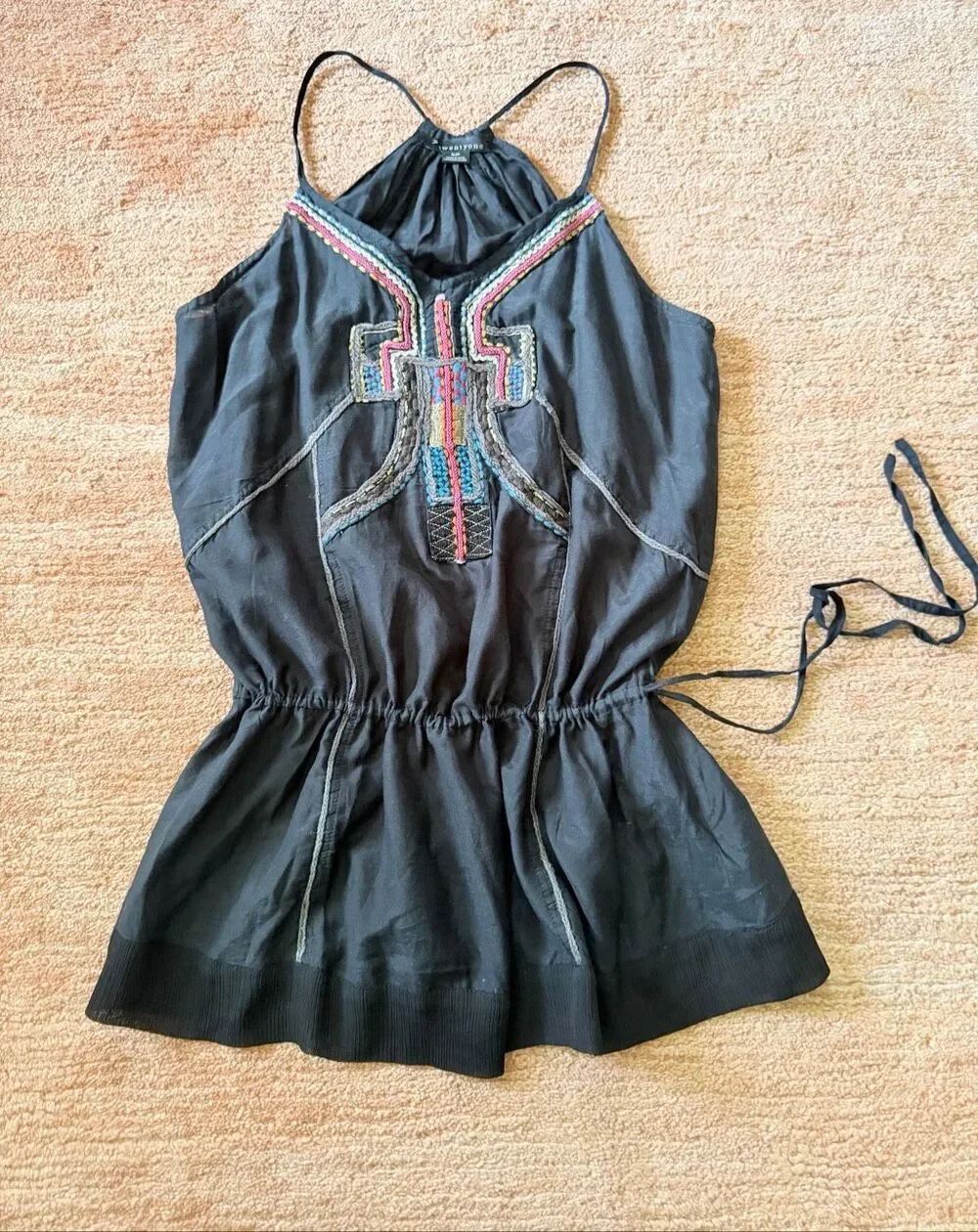 Twenty One S Black Embroidered Halter Sleeveless Top Cotton Silk Boho Festival